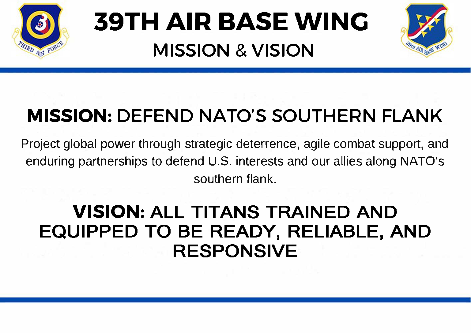 A graphic for 39th ABW's mission & vision